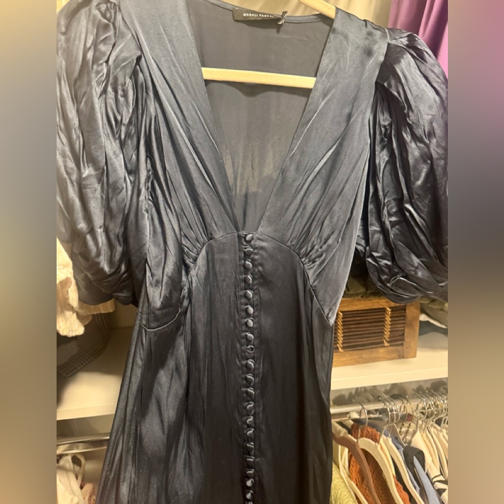 Graceful Black Satin Dress with Button Accents
